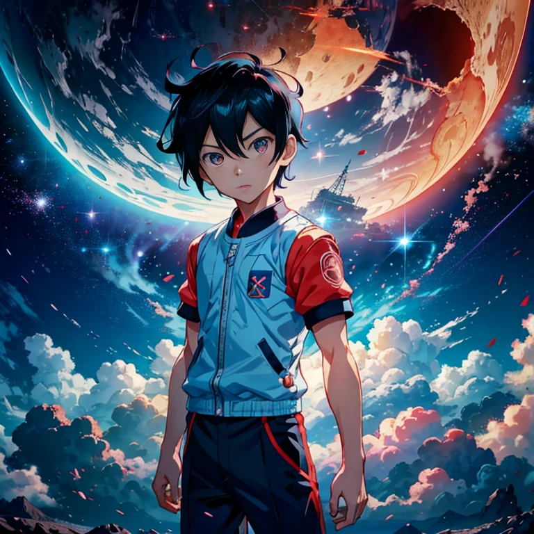 (Astro boy)、Pluto、Netflix Anime、１１Year old boy、（fly in the sky）、anger、Grit your teeth、Hold your breath、upset、evil、Disgust、excited、Light blue eyes、Red eyes、Surrealism、Anaglyph、Subjective、Atmospheric Perspective、realism、Motion Blur、reflected light、Backlight、Letterbox、Multiple Perspectives、Shorthand、Satellite Imagery、Wide angle、8K、Super detailed、Highest quality、uhd、解剖学的にcorrect、correct、High resolution、Award-winning、16K、1080P、particle, 