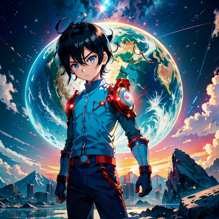 (Astro boy)、Pluto、Netflix Anime、１１Year old boy、（fly in the sky）、anger、Grit your teeth、Hold your breath、upset、evil、Disgust、excited、Light blue eyes、Red eyes、Surrealism、Anaglyph、Subjective、Atmospheric Perspective、realism、Motion Blur、reflected light、Backlight、Letterbox、Multiple Perspectives、Shorthand、Satellite Imagery、Wide angle、8K、Super detailed、Highest quality、uhd、解剖学的にcorrect、correct、High resolution、Award-winning、16K、1080P、particle, 