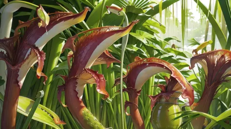 (tropical pitcher plants :1.5),with a large mouth and sharp teeth.,in the forest, landscape:1.5