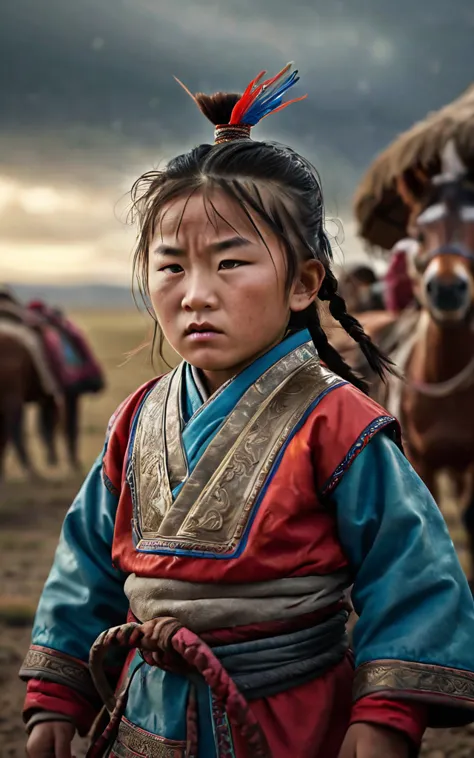 Little Genghis Khan , facing harsh weather and difficult living conditions in the steppes, background cinematic, hyper realistic...