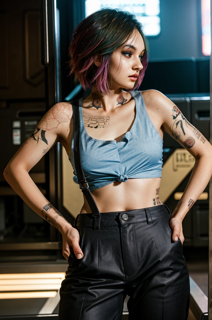 (Multiple angles))A stunning full color intricate portrait in Ultra-HD, a 24 year old girl, detailed face, ((ultra detailed, masterpiece, best quality)), short multicolored hair, brown eyes, makeup, tattoos, tank top, black pants, full body, epic character composition . . alessio albi, nina masic, sharp focus, natural lighting, subsurface dispersion, f2, 35mm