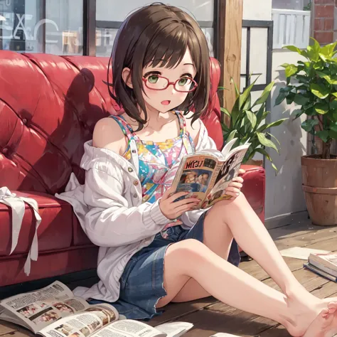 barefoot、、nfsw、miku、girl reading a magazine、interested々、glasses、casual wear