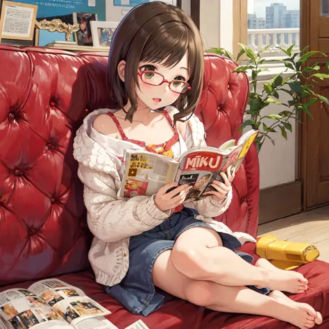 barefoot、、nfsw、miku、girl reading a magazine、interested々、glasses、casual wear