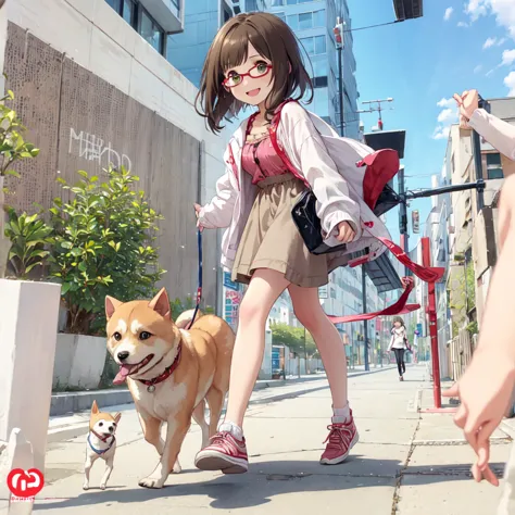 nfsw、miku、girl walking a dog、excited expression、glasses、outdoor clothing、shiba inu