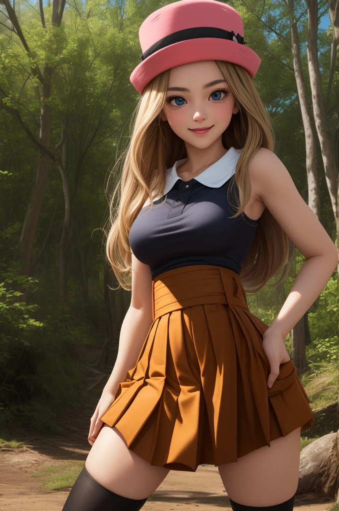 pkmnserena, 1girl, solo, blue eyes, blonde hair, long hair, low-tied long hair, hat, pink headwear,
black shirt, collared shirt, sleeveless, red skirt, high-waist skirt, pleated skirt, black thighhighs,
smile,closed mouth,laying,
forest,outdoor,
(insanely detailed, beautiful detailed face, masterpiece, best quality) cinematic lighting, naked, topless, big breasts, skirt lifted by hand, vagina, vingers opening vagina