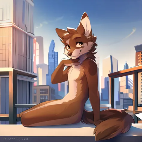 Solo, male, furry art, fursona, ((canine)), (((brown primary fur))), white secondary, (perky ears), cool pose, city background, ...