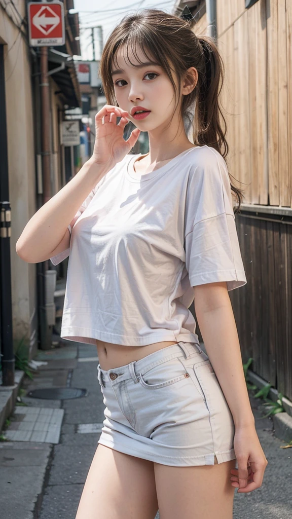 (In the back alley)、(15 year old beautiful girl, Baby Face:1.3)、One person、((Only wearing an oversized T-shirt:1.3))、Slender body line, Small and slender figure、((A mean look:1.3, blush))、Beautiful breasts, Small beautiful butt, Thin thighs, Short pigtails、(Detailed eyes and face:1.3, Professional photography techniques, Cinema Lighting), (Highest quality, 8K, masterpiece:1.2, RAW Photos), (Photorealism:1.2),  (Detailed lips and hands:1.2)