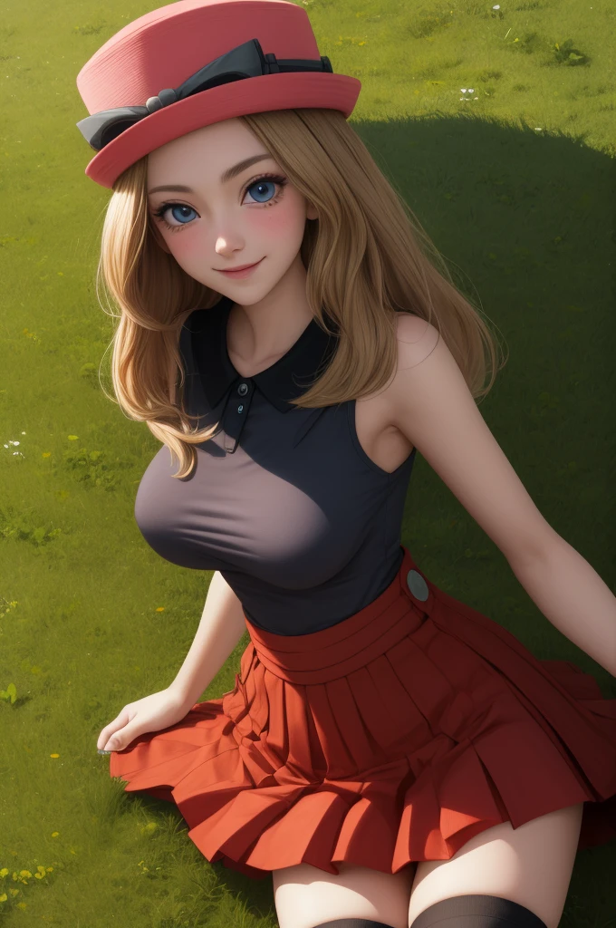 pkmnserena, 1girl, solo, blue eyes, blonde hair, long hair, low-tied long hair, hat, pink headwear,
black shirt, collared shirt, sleeveless, red skirt, high-waist skirt, pleated skirt, black thighhighs,
smile,closed mouth,laying on grass,
forest,outdoor,
(insanely detailed, beautiful detailed face, masterpiece, best quality) cinematic lighting, naked, topless, big breasts, skirt lifted by hand, vagina, vingers opening vagina, laying