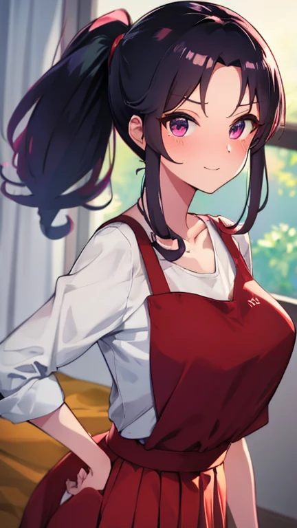 high tail hairstyle, Ponytail hairstyle, Long wavy black hair, standing posing, anime girl style, pixel art anime style,penetrating look with deep eyes,red and purple eyes, hair with a ponytail hairstyle trapped with a big red bun, Women, red hair clips, red x hair clips, short white shirt, receptionist miniskirt, smiling face blush, standing in his bedroom, next to his bed, lifting her skirt 