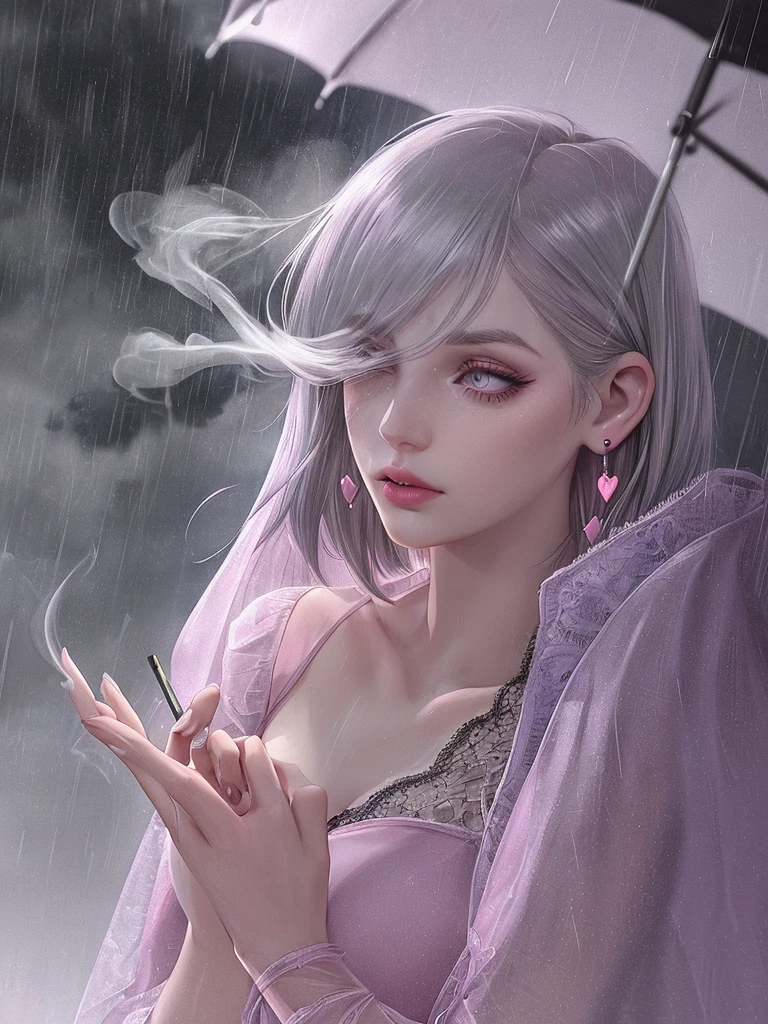 rain,Beauty,High nose,Long eyelashes,目にLight,Pink Lips,Closed Mouth,pastel colour,purple,Dull pink,Dull Blue,heart,Bobcut,Light,Strong winds,Fluttering Hair,Earrings,Gray Hair,Smoke a cigarette,bad,cigarette,目にLight,Black Dress,Black lace