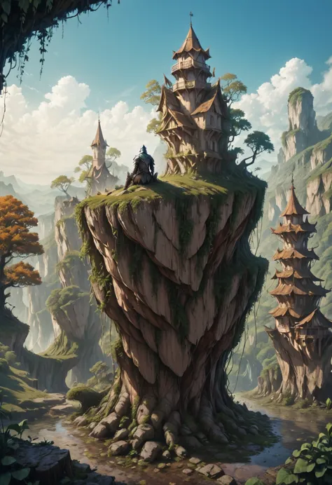 A lone knight sitting on top of a tree trunk, a broken, abandoned village, fantasy, the brown era