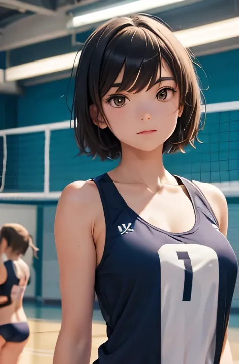 volleyball player girl,summer,short hair,tank top,uniform,indoor coat,8k, highest quality, masterpiece