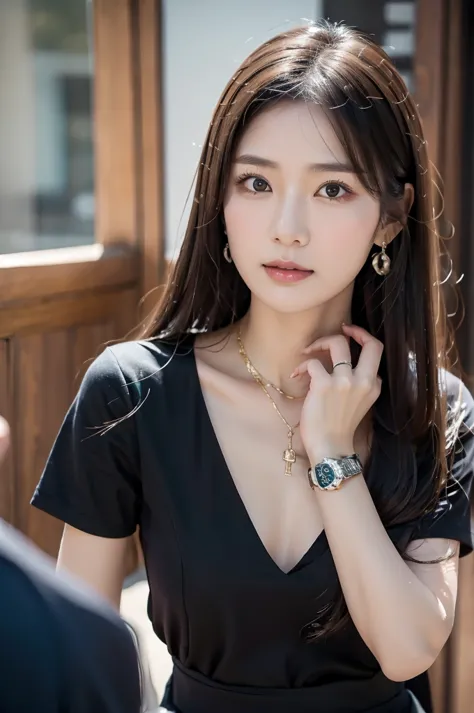 necklace, ring, watch, Earrings, (funeral:1.3), skirt, Black Dress, whole body, slender, 40 year old Japanese, woman, Beautiful ...