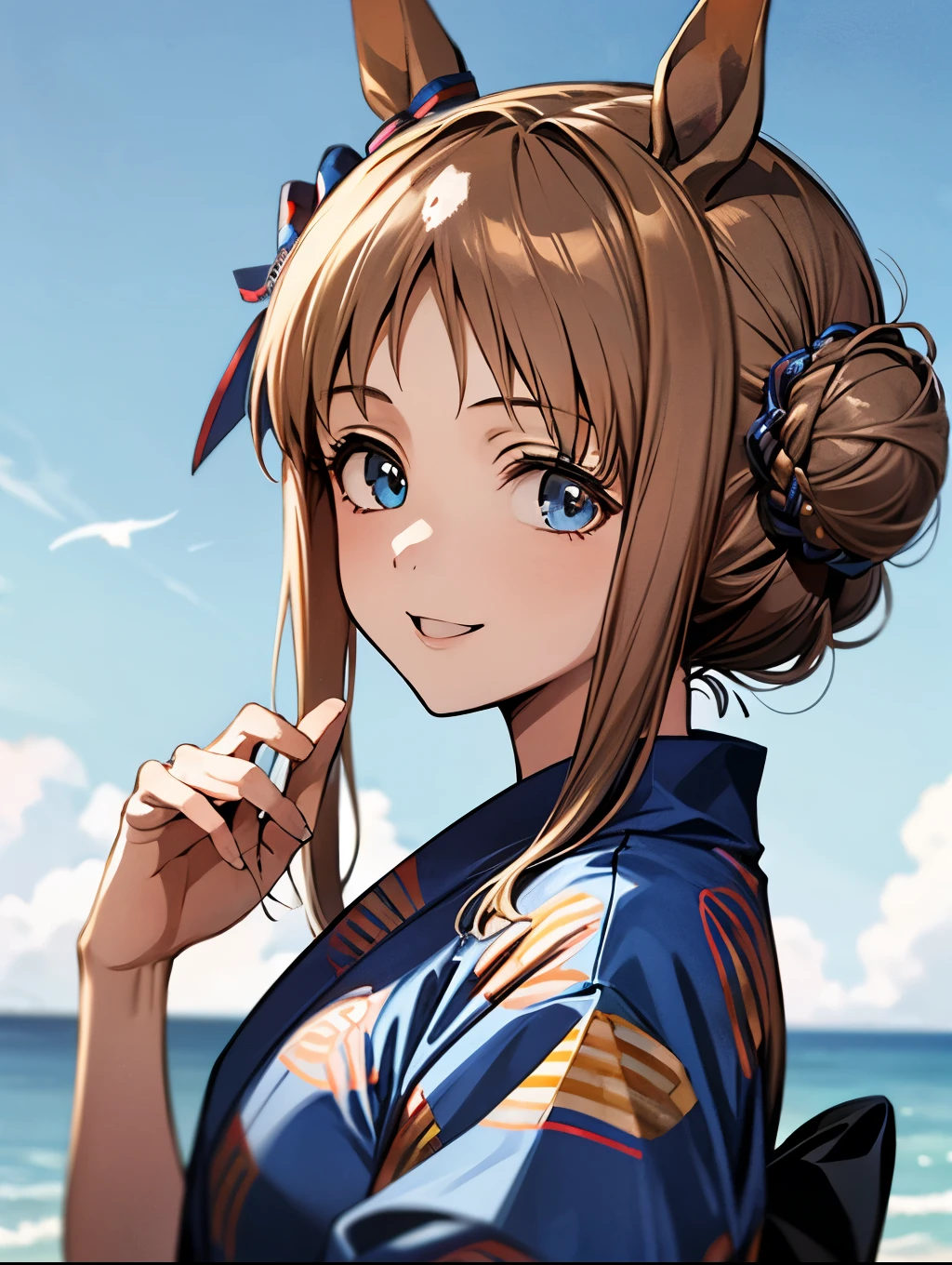 grass wonder \(Umamusume\), 1 girl, Solo, Best Quality, masterpiece, 8K, High resolution, Ultra-detailed, yukata, low bun, light smile, summer, blue sky,