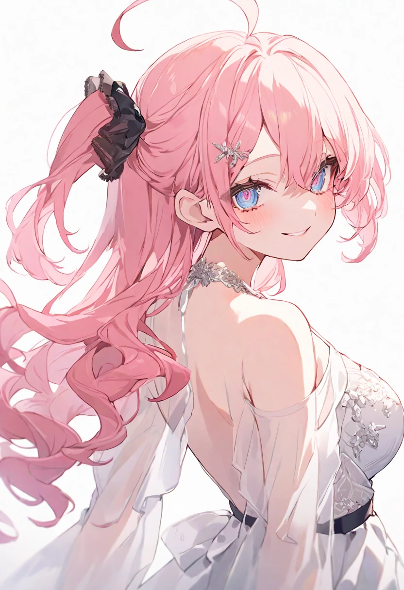 (muste piece), (best quality), very detailed eyes, expressive eyes, perfect face, very detailed face, highly detailed face, beautiful girl, 8K, beautiful girl, white background, delicate and beautiful face and eyes, dark intense shadow, 
1 girl, vtuber style, cool girl, hololive, SakuraMiko, long hair, pink hair, ahoge, one side up, see-through:evening dress, big chest, cropped shoulders, clavicle from behind, looking back, smile, (full body), standing,