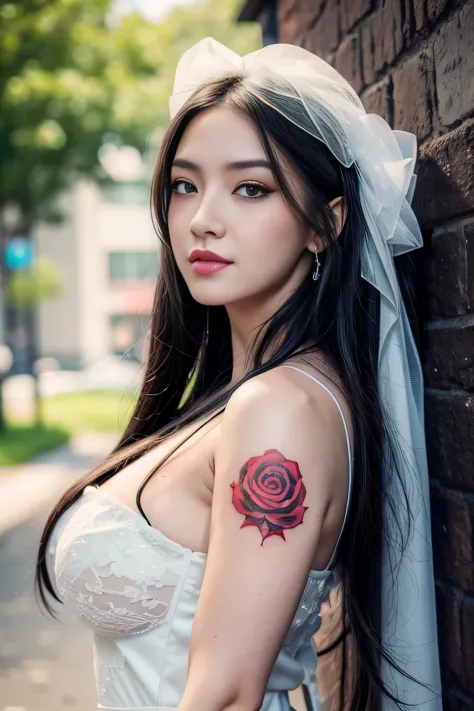 A beauty girl with long black hair and a white dress with red roses, big breast, chubby, tattoo, detailed beautiful eyes, guweiz...