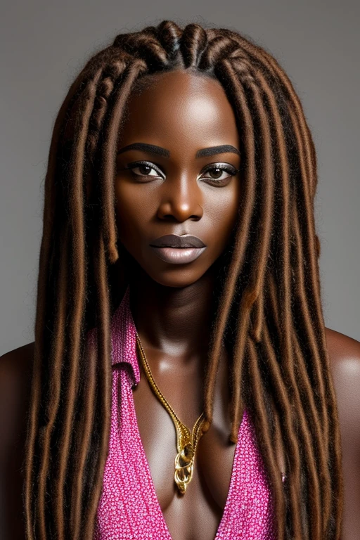 1 femme africaine, 30 ans, joli visage, dreadlocks, hyperréaliste, visage et corps ultra détaillés, représentation réaliste