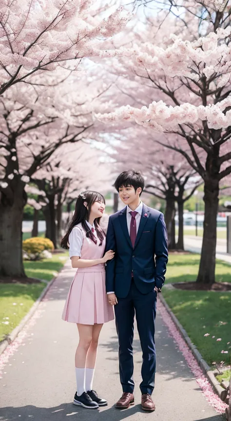 
「Under the cherry blossoms in full bloom、Wrapped in a gentle pink flurry of cherry blossoms、A couple of high school students in...