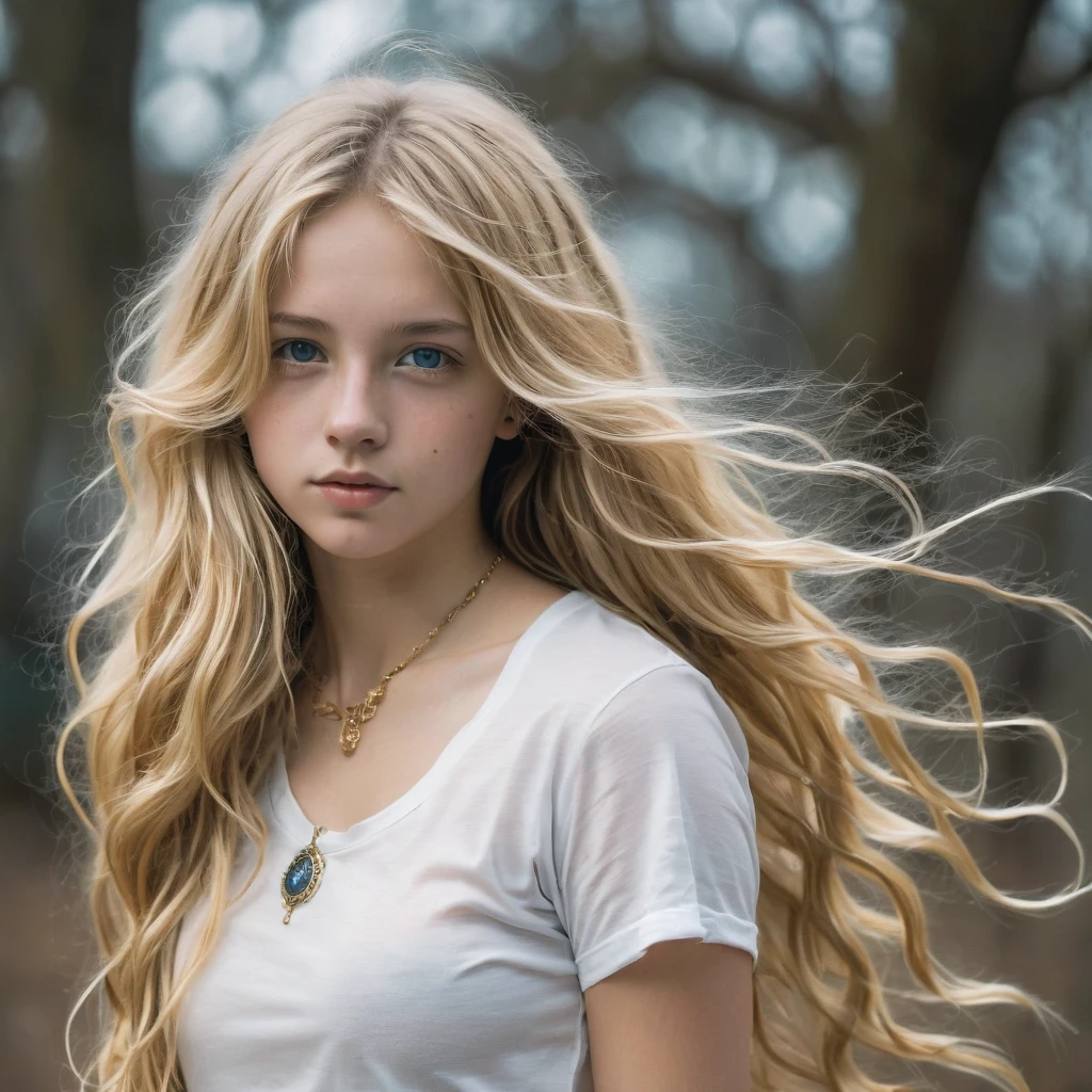 1girl in, age16, Solo, Long wavy hair, , long messy windy blonde hair, looking at camera, o-face, blonde hair, jewelry, Full body, (extremely detailed 8k wallpaper), soft lighting, high quality, film grain, Fujifilm XT3 sharp focus, f 5.6, 50mm, High Detail, Sharp focus,(natural light), (seductive), revealing, Realistic, sexy, tight white t-shirt