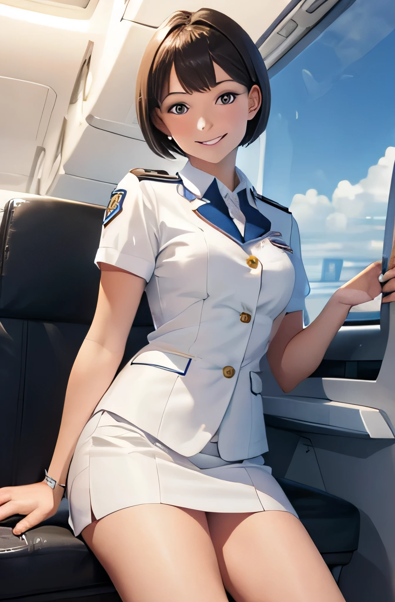 Flight attendant girl,summer,short hair,smile,uniform,Serving,8K, Highest quality, masterpiece