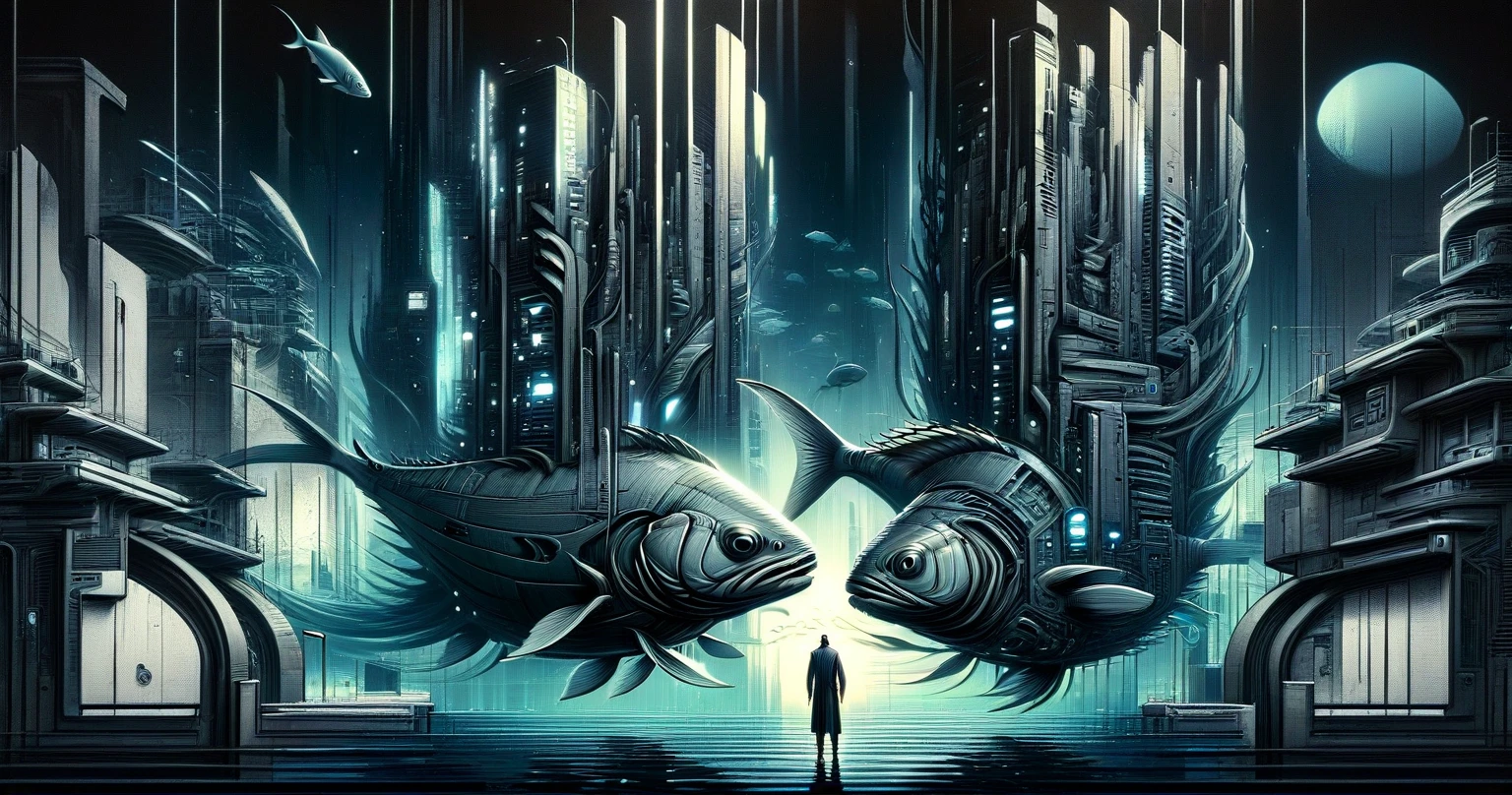 DonMN01rXL anime  futuristic city school of fish ,  