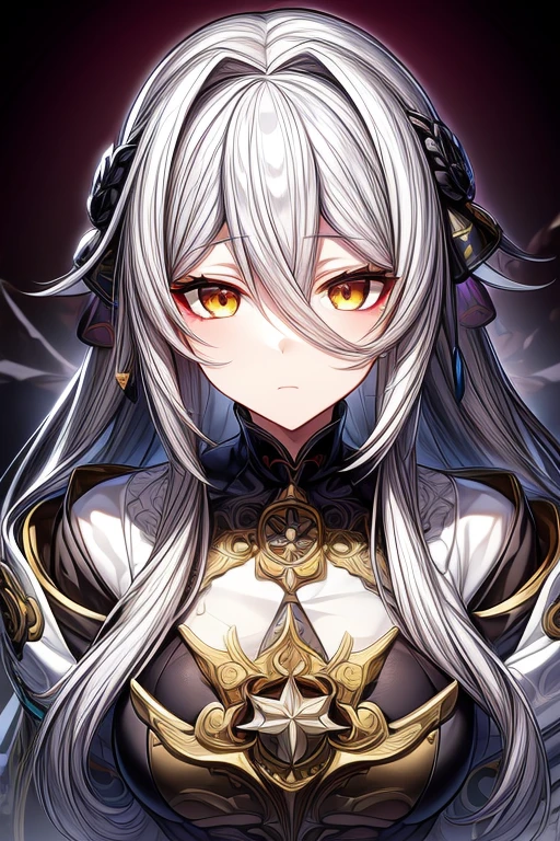 (masterpiece, best quality, perfect face, expressive eyes), 1girl, (anime), (adult), long silver hair, yellow eyes, white priest attire,  intricate details, 