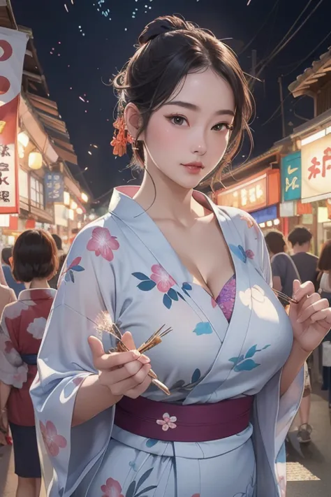 (((Cleavage))) (Perfect curvy figure),1 girl, Solitary, Beautiful transparent yukata, Exquisite pattern, Beautiful neck , firewo...