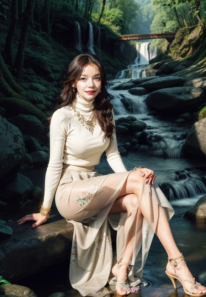 1girl,posture model curvaceous body,(portrait of a full body:1), sitting, book,slg,forest,waterfall, river,path,
(stochastic angle, stochastic pose,stochastic action),
luxury, jewelry, ornate, necklace, bracelet, hairpin,embroidery, (see-through Cream turtleneck, floral maxi skirt:1) 