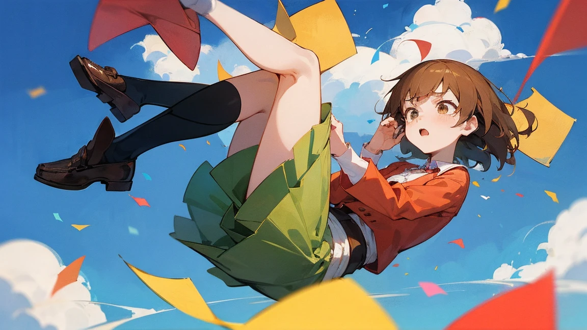 ((Highest quality)), ((masterpiece)), ((Very detailed)),Floatingする女の子,Angry expression，floating，Floating，Confetti，Brown Hair,tears,Levitating,Blue sky background,Feet in the air,tears,gravity,Long skirt,loafers,Raise both hands