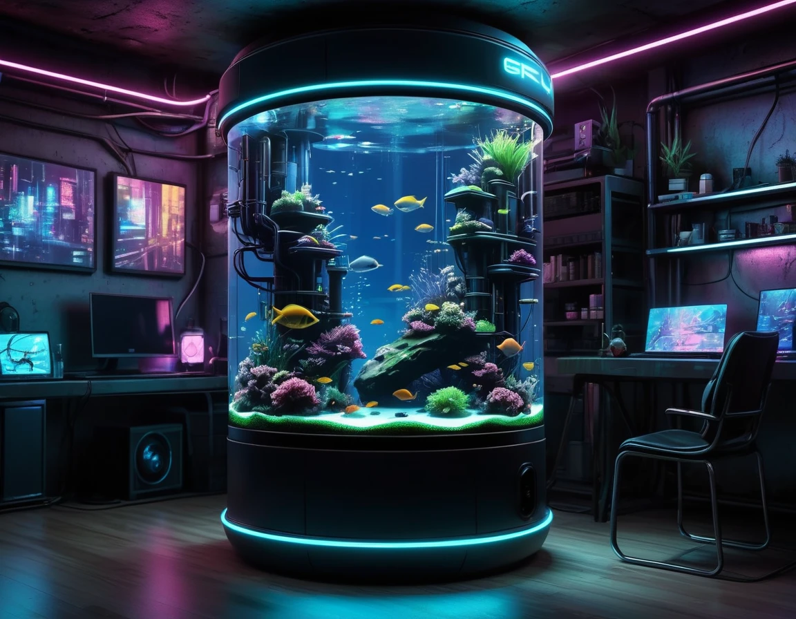 Cyberpunk fish tank，No fish，Lots of high-tech wires，Pipe connections，Slender cylindrical，Transparent glass，light，Blue technology atmosphere，The background is a network city, （masterpiece），（best quality），（Best details）