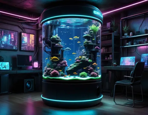 Cyberpunk fish tank，No fish，Lots of high-tech wires，Pipe connections，Slender cylindrical，Transparent glass，light，Blue technology...