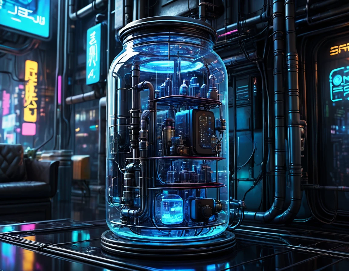 Cyberpunk style glass jar，No fish，Lots of high-tech wires，Pipe connections，Slender cylindrical，Transparent glass，light，Blue technology atmosphere，The background is a network city, （masterpiece），（best quality），（Best details）