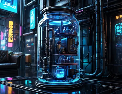 Cyberpunk style glass jar，No fish，Lots of high-tech wires，Pipe connections，Slender cylindrical，Transparent glass，light，Blue tech...