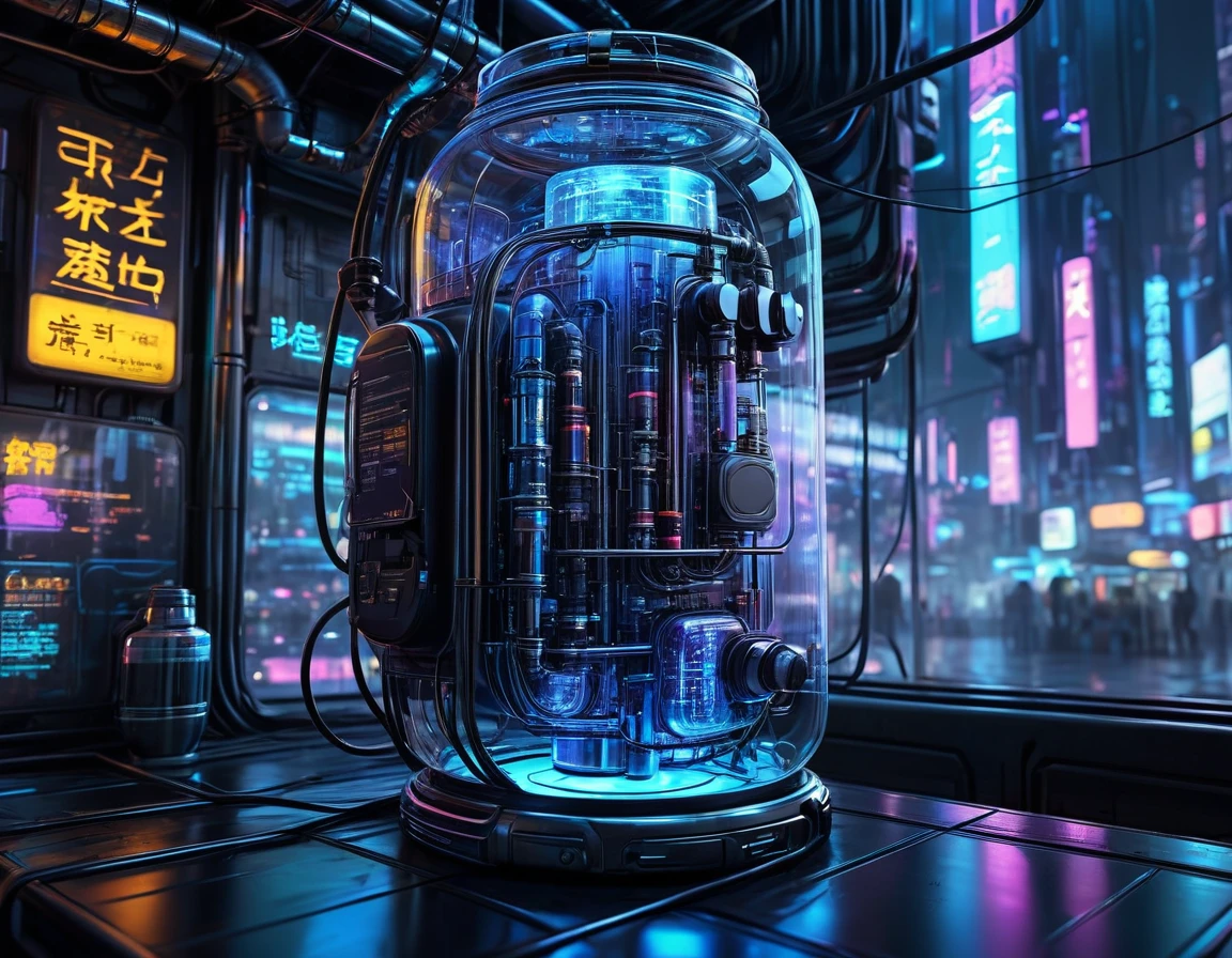 Cyberpunk style glass jar，No fish，Lots of high-tech wires，Pipe connections，Slender cylindrical，Transparent glass，light，Blue technology atmosphere，The background is a network city, （masterpiece），（best quality），（Best details）