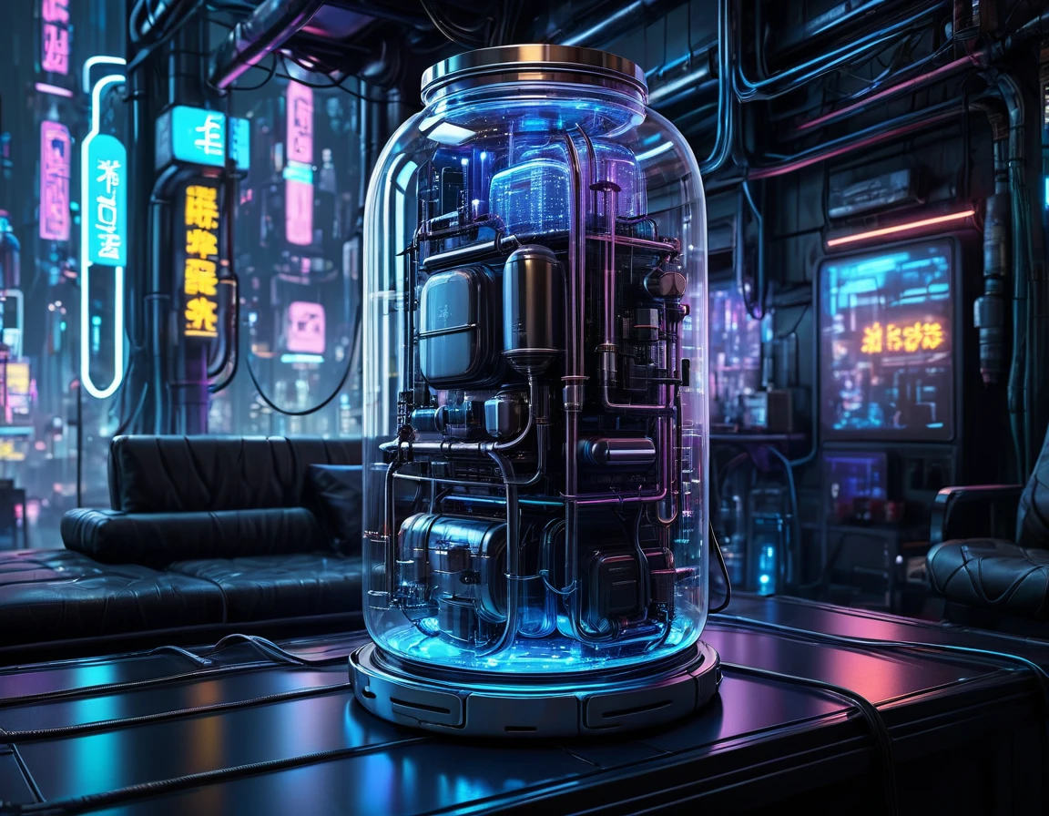 Cyberpunk style glass jar，No fish，Lots of high-tech wires，Pipe connections，Slender cylindrical，Transparent glass，light，Blue technology atmosphere，The background is a network city, （masterpiece），（best quality），（Best details）