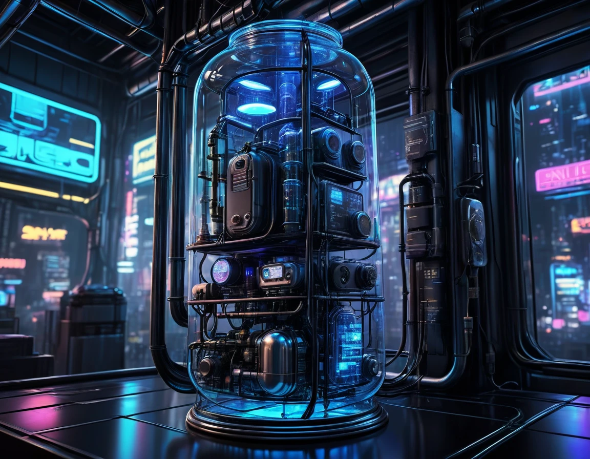 Cyberpunk style glass jar，No fish，Lots of high-tech wires，Pipe connections，Slender cylindrical，Transparent glass，light，Blue technology atmosphere，The background is a network city, （masterpiece），（best quality），（Best details）