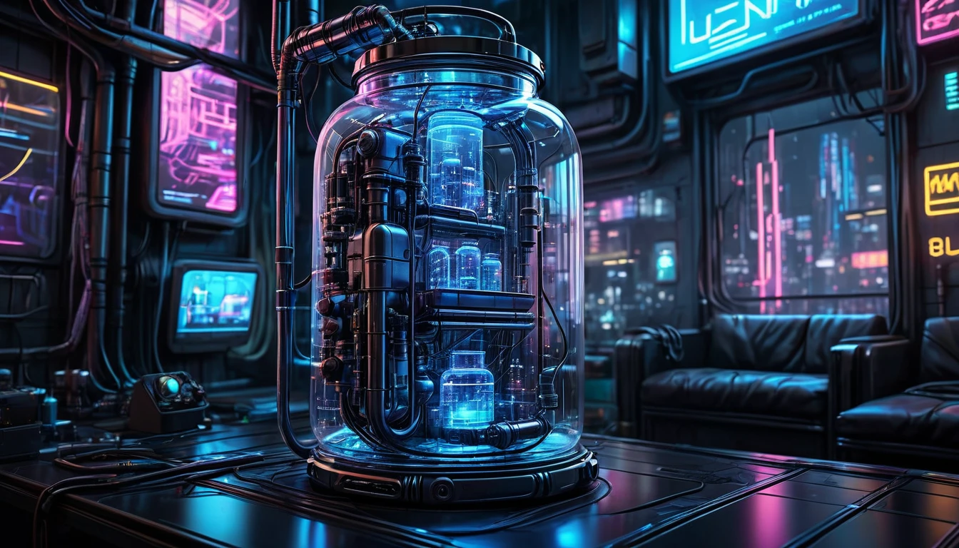 Pot en verre de style cyberpunk，Pas de poisson，Beaucoup de fils de haute technologie，Connexions de tuyaux，Cylindrique mince，Verre transparent，Lumière，Atmosphère technologique bleue，Le fond est une ville en réseau, （chef-d&#39;œuvre），（Meilleure qualité），（meilleurs détails