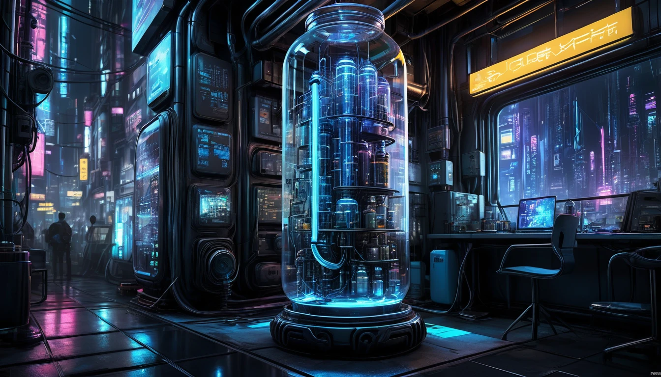 Cyberpunk style glass jar，No fish，Lots of high-tech wires，Pipe connections，Slender cylindrical，Transparent glass，light，Blue technology atmosphere，The background is a network city, （masterpiece），（best quality），（Best details