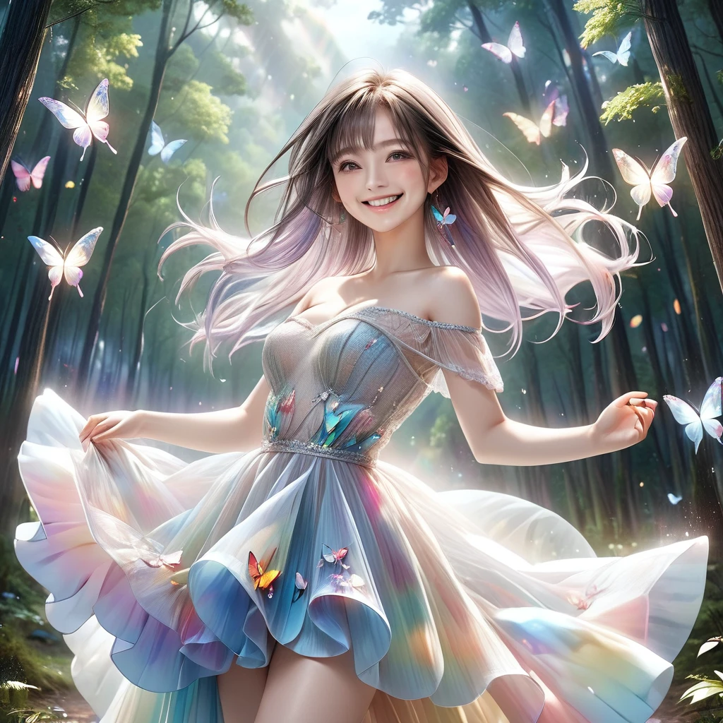 RAW Photos:1.2, masterpiece, Highest quality, 16K, Unbelievably absurd, Very detailed, Perfect beauty, Beautiful cute girl, A perfect smile、A sheer dress fluttering in the wind, Off the shoulder, Strapless, Rainbow gradient, The butterfly tattoo on her arm moves to appeal to the viewers., forest,