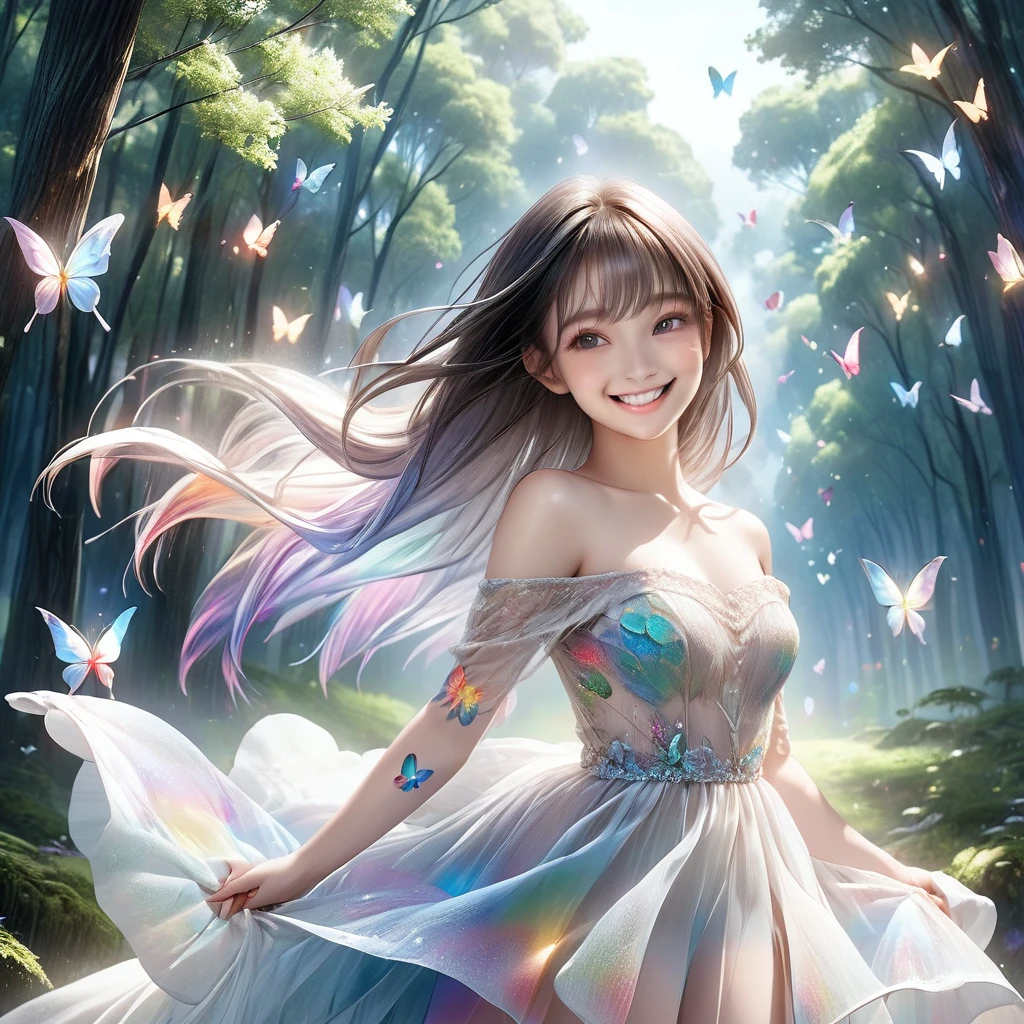 RAW Photos:1.2, masterpiece, Highest quality, 16K, Unbelievably absurd, Very detailed, Perfect beauty, Beautiful cute girl, A perfect smile、A sheer dress fluttering in the wind, Off the shoulder, Strapless, Rainbow gradient, The butterfly tattoo on her arm moves to appeal to the viewers., forest,