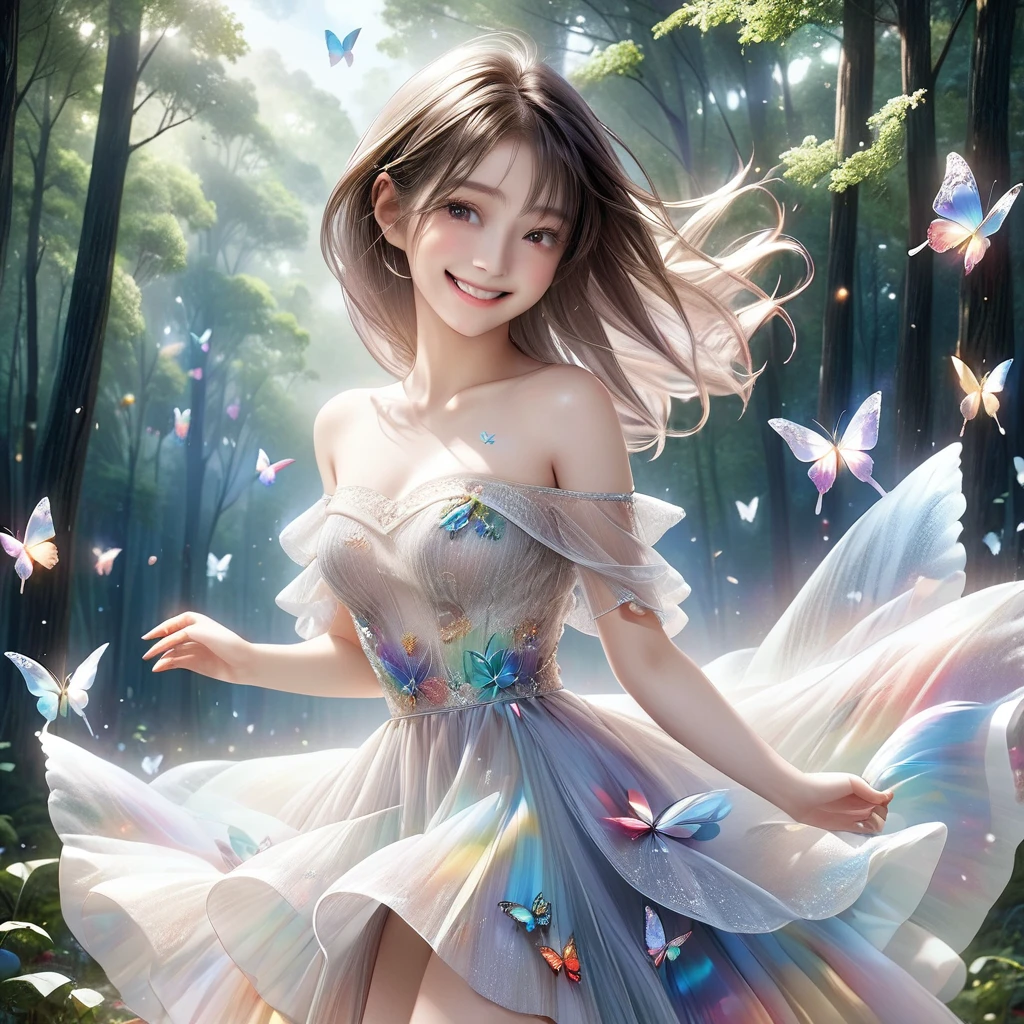 RAW Photos:1.2, masterpiece, Highest quality, 16K, Unbelievably absurd, Very detailed, Perfect beauty, Beautiful cute girl, A perfect smile、A sheer dress fluttering in the wind, Off the shoulder, Strapless, Rainbow gradient, The butterfly tattoo on her arm moves to appeal to the viewers., forest,