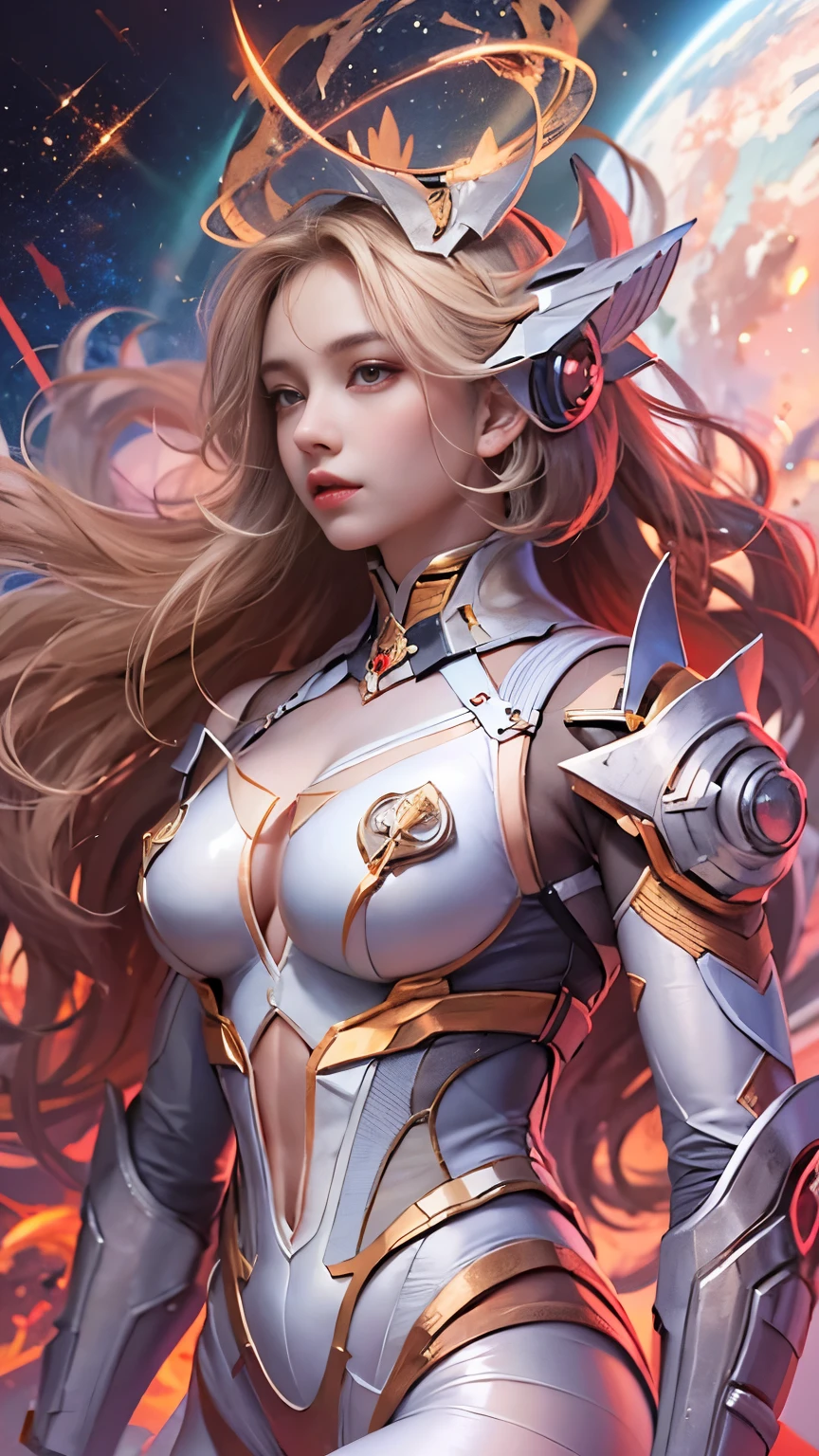 space war, 8K resolution, masterpiece, Highest quality, Award-winning works, unrealistic, Only sexy women, healthy shaped body, Age 25, White wavy long hair, hair band, huge firm bouncing busts, Space Commander&#39;s Armor, Complex Armor, royal coat of arms, elegant, Very detailed, Digital Painting, artステーション, コンセプトart, Smooth, Sharp focus, shape, artジャム、Greg Rutkowski、Alphonse Mucha、William Adolphe Bouguereau、art：Stephanie Law , Magnificent cosmic background, Royal Jewel, nature, Full Shot, Symmetric, Greg Rutkowski, Charlie Bowwater, beep, Unreal 5, Surreal, Dynamic Lighting, ファンタジーart, Complex colors, Colorful magic circle, flash,  dynamic sexy pose,  A robot suit with a complex structure, Complex colorsのロボットスーツ, Tight robot suit, space war, Movie battle scenes,