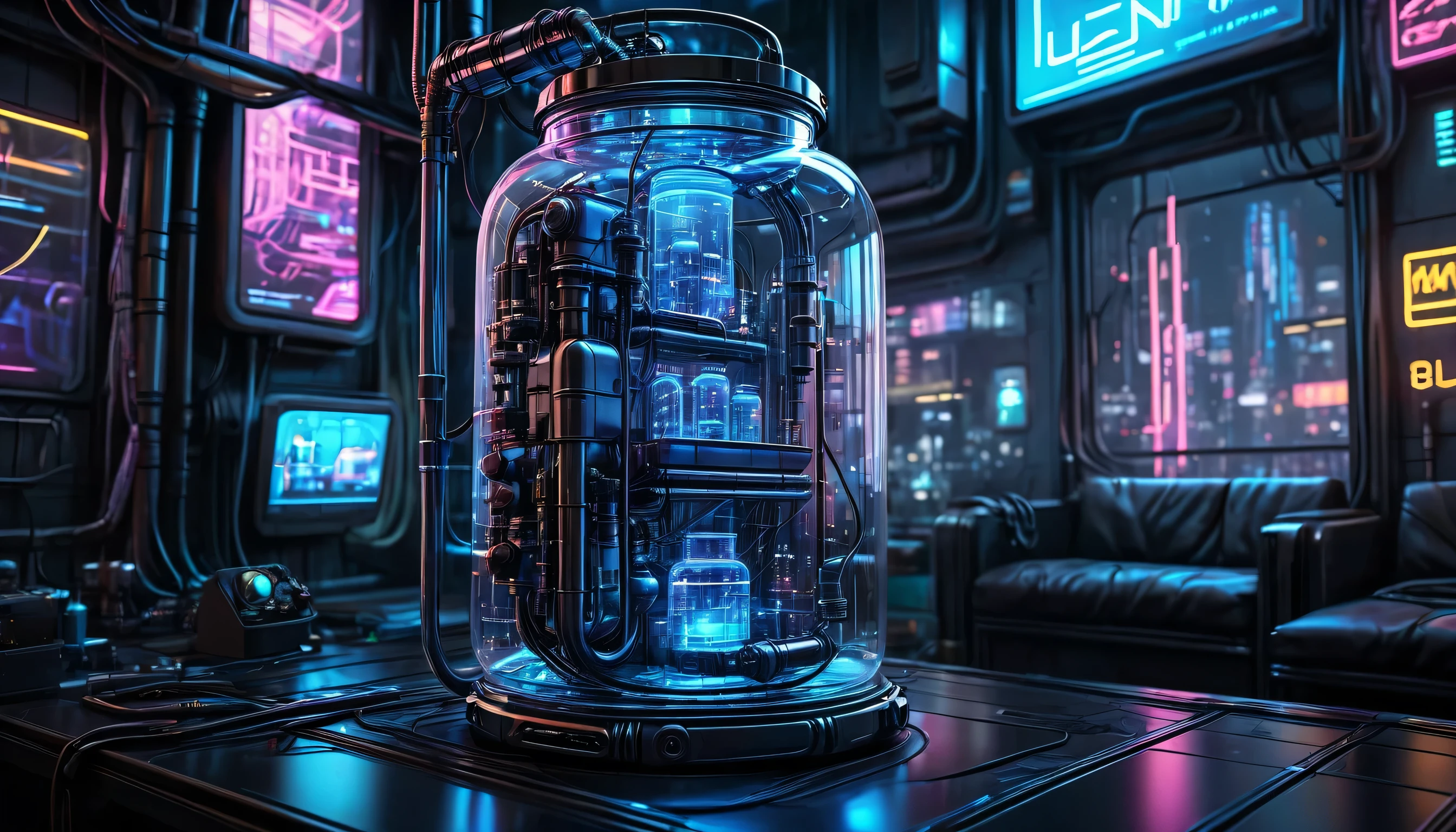 Pot en verre de style cyberpunk，Pas de poisson，Beaucoup de fils de haute technologie，Connexions de tuyaux，Cylindrique mince，Verre transparent，Lumière，Atmosphère technologique bleue，Le fond est une ville en réseau, （chef-d&#39;œuvre），（Meilleure qualité），（meilleurs détails