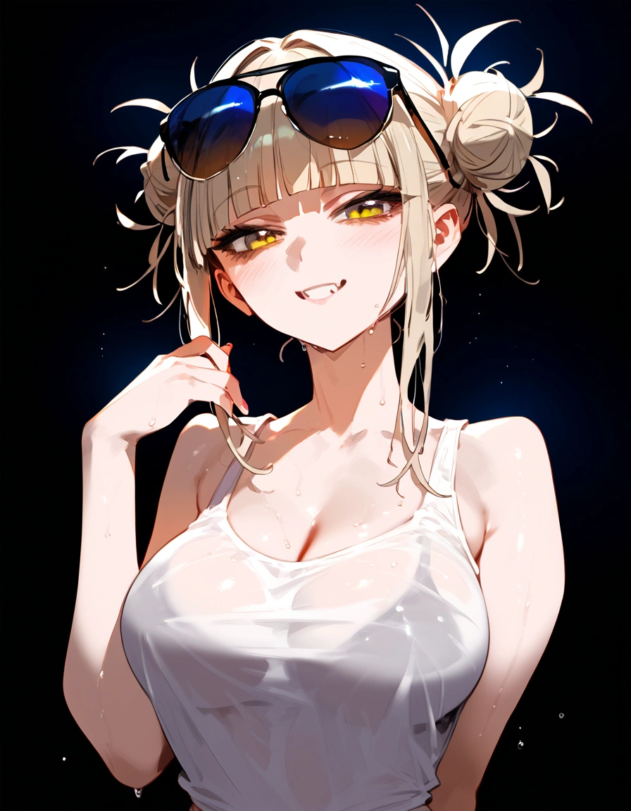 anime artwork, score_9, score_8_up, score_7_up, score_6_up, score_5_up, score_4_up, floox style    //////Himiko toga, big breasts, she is 24 years old, style_3, yellow eyes, black background, wearing only shirt, wet shirt,  tank top, arms under clothes, naked, sunglasses