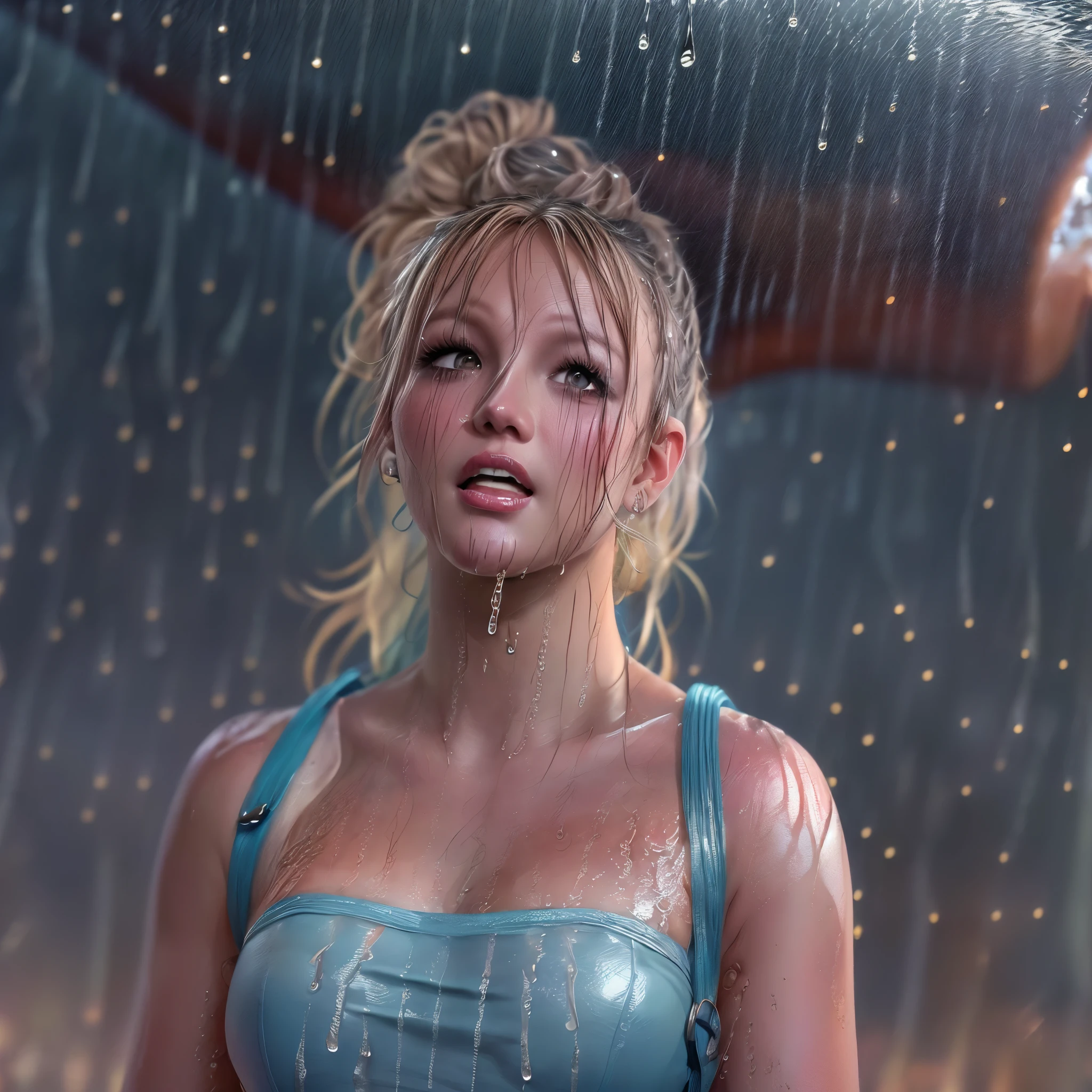 masterpiece of ExtremelyDetailed (ProfessionalPhoto of Stunning women:1.4) Looking at Sky, (((Downpour))), BraidHair with bun, (Joyful Expressions LifeLike Rendering), ((Extremely detailed beautiful face and eyes)) BlushAhegao SmoothArmpit LiquidSoap WhiteBubbles (((WetHair)))  BREAK  PUNIPUNI ((Britney Spears))britneyspears-smf, Beltbra, MysticSight, (Torrential Rain:1.4) (SparklingDrops:1.28) (Overflowing HUGE Underboob Overflowing WaterDrops Overflowing water)(((WetHair WetFace WetSkin:1.37))), (SFW), HiddenHands, MotionBlur (BokeH:1.4), (no extra limbs), (no extra eyebrow), DynamicAngle