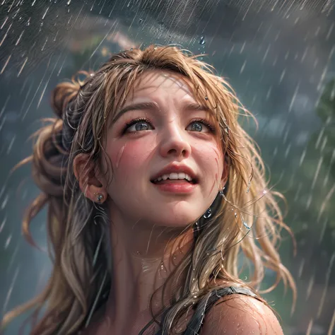 masterpiece of ExtremelyDetailed (ProfessionalPhoto of Stunning women:1.4) Looking at Sky, (((Downpour))), BraidHair with bun, (...