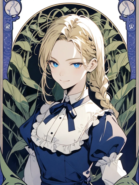 masterpiece, Highest quality, Very detailed, 16K, Ultra-high resolution, Cowboy Shot, Alice in Wonderland, (Art Nouveau:1.4), 10-year-old girl, Detailed face, Mischievous Smile, blue eyes, Blonde, Braiding, Long Hair, Ribbon on head, Blue clothes, Plain white apron, 大きなclockのある部屋で, clock, 壁clock