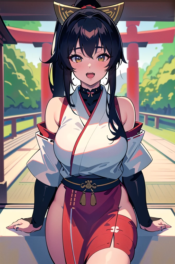 20 years old,1 girl, extremely thick thighs, hyperrealistic, 8k, (extremely detailed 8k), (very delicate and beautiful), (masterpiece), (better quality:1.0), (ultra high resolution:1.0), (masterpiece, best quality), cute,black hair,laugh with open mouth,gleaming skin,japanese shrine miko,leaning forward,ponytail,upper body,from the front,POV