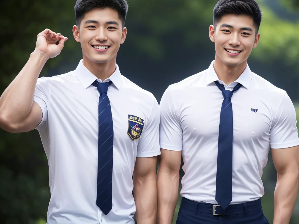 handsome man ,Age 20 , short hair, Korea , student，intermediary, (((Wear a white shirt with a navy tie........))), full body view,smile ,chest muscles, Big arm muscles,  big muscles, Broad shoulders ,sportsperson , upper body (1), rain: 1.3, Gym: 1.2, body drenched: 1.1, cycling