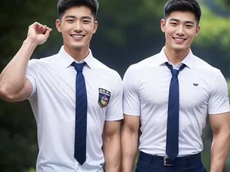 handsome man ,age 20 , short hair, korea , student，intermediary, (((wear a white shirt with a navy tie........))), full body vie...